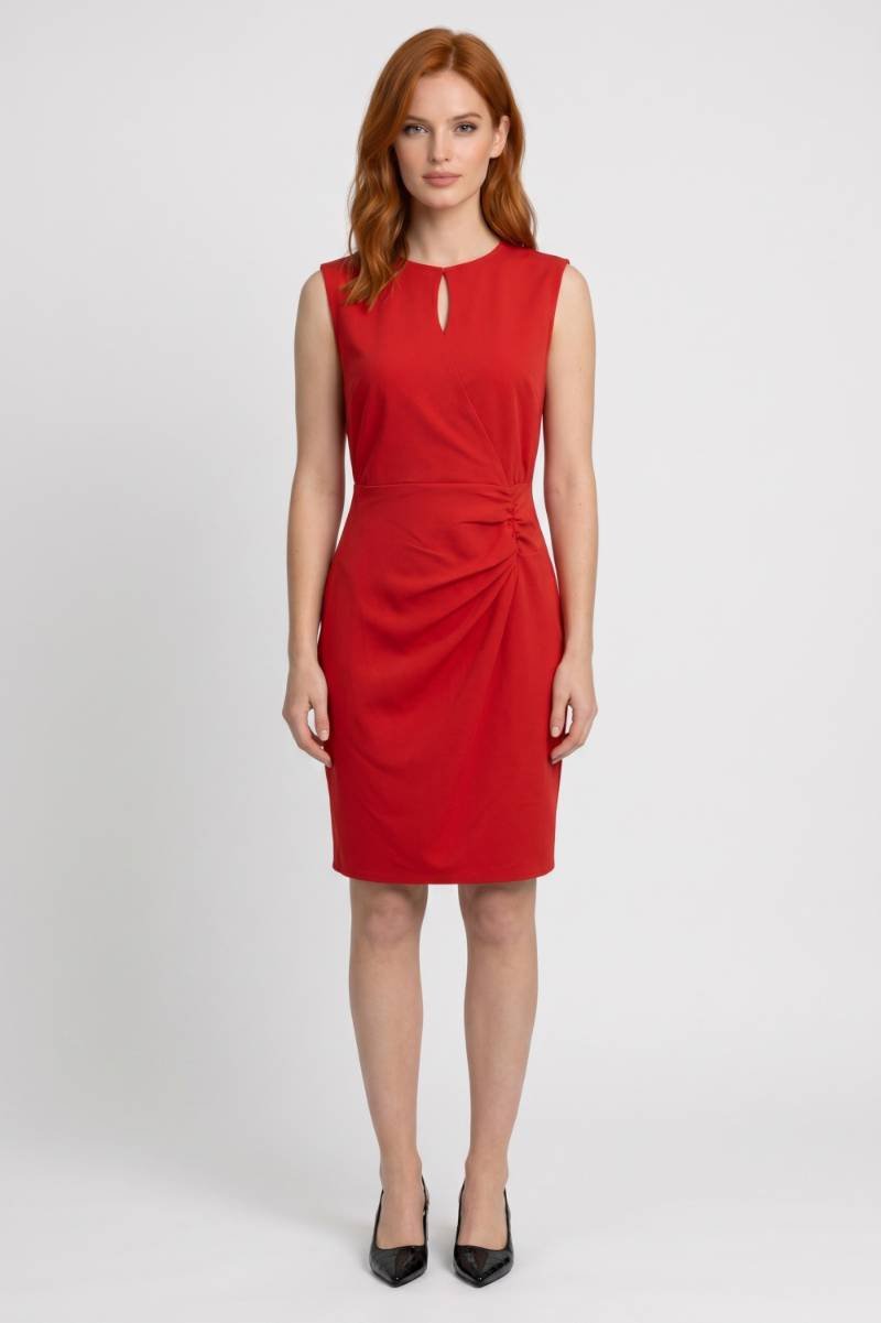 Midi Dress Women - Sleeveless Keyhole Neck Drape Detail | Elegant — Red