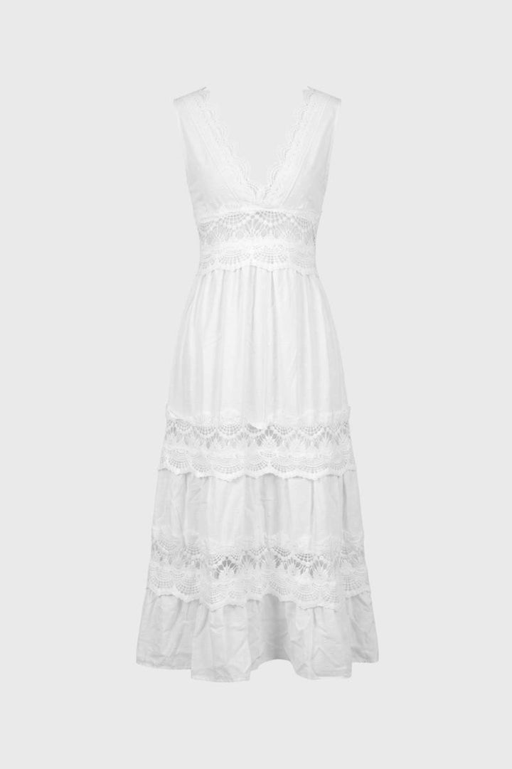 Midi Dress Women - Sleeveless Trim Tiered | Elegant — White