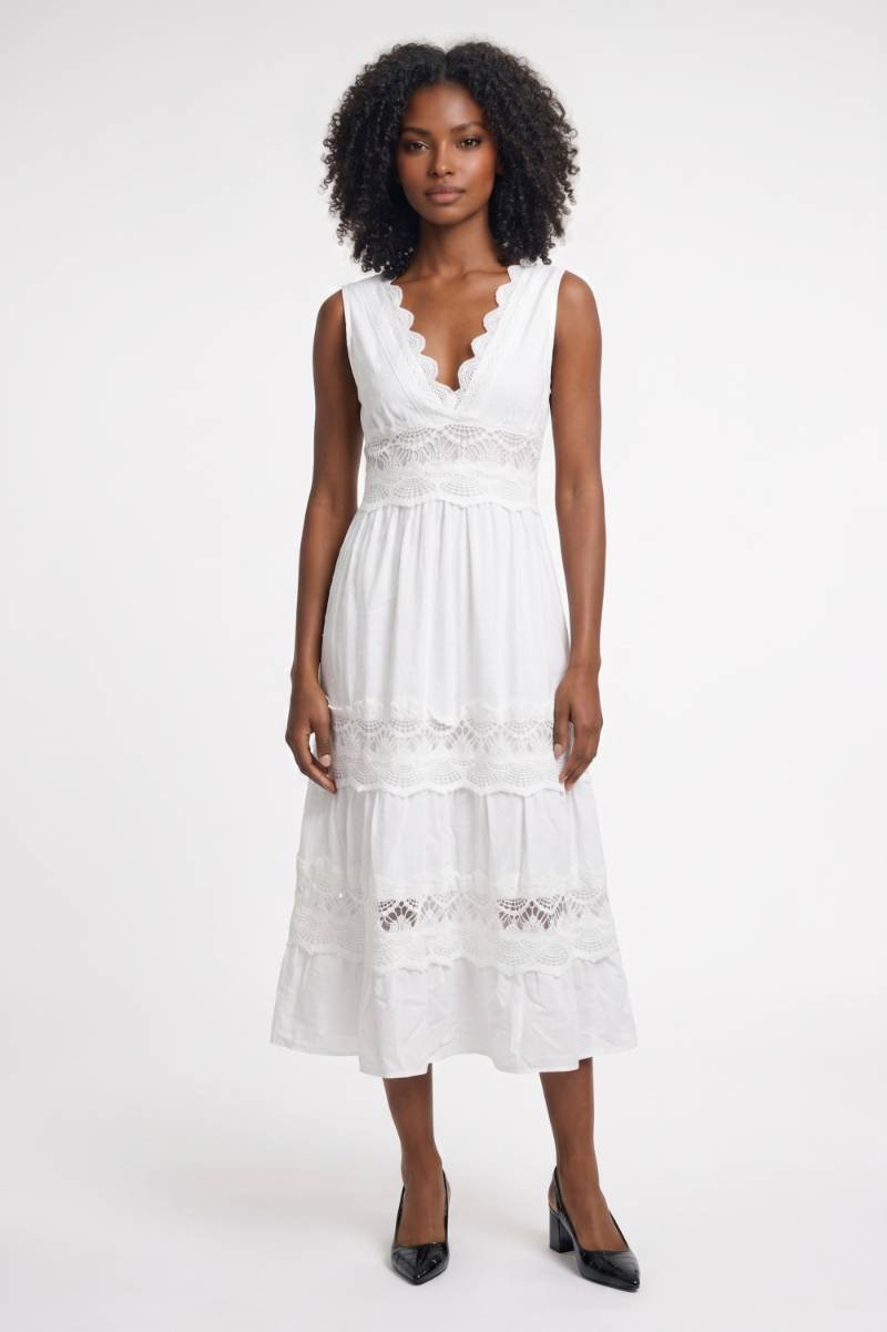 Midi Dress Women - Sleeveless Trim Tiered | Elegant — White