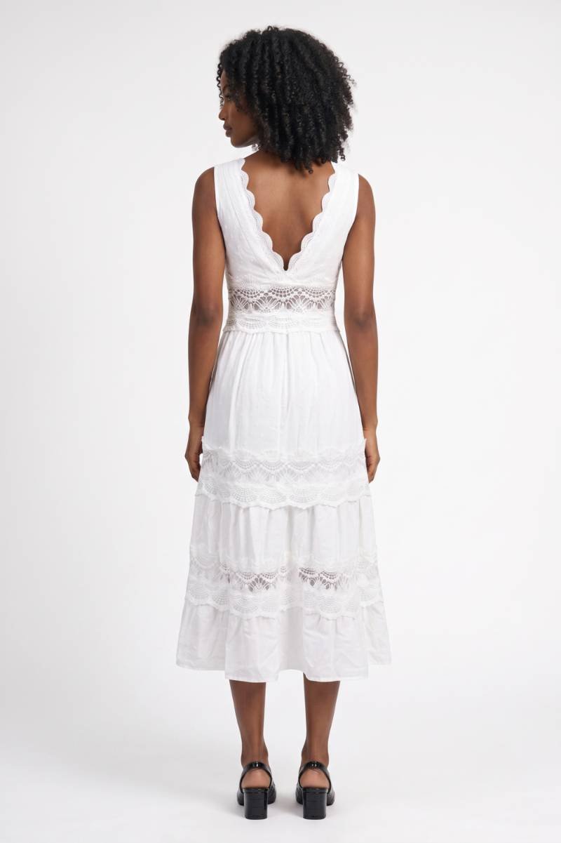 Midi Dress Women - Sleeveless Trim Tiered | Elegant — White