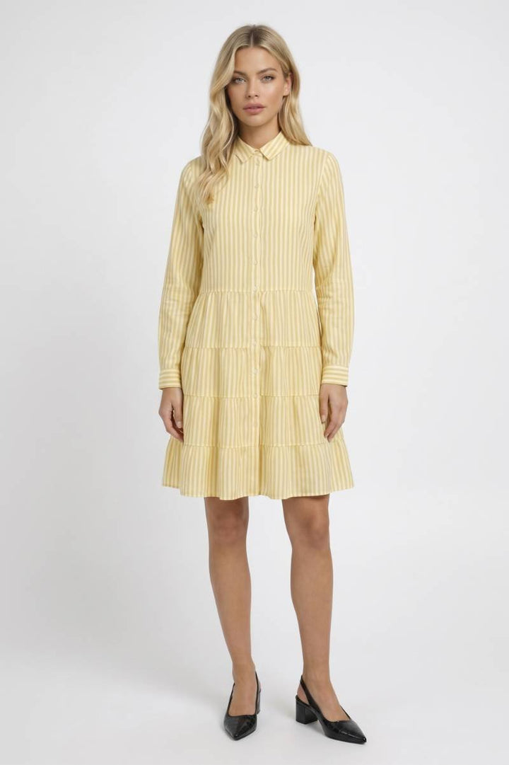 Midi Dress Women - Striped Collar Button Front | Tiered Casual — Striped Yellow