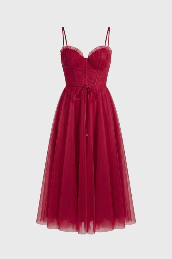 Midi Dress Women - Sweetheart Bustier Tie Waist | Elegant — Red