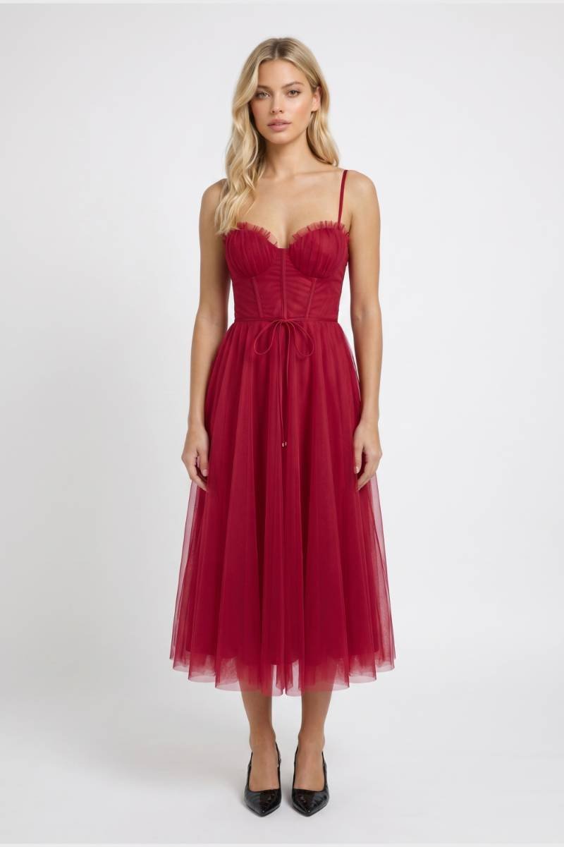Midi Dress Women - Sweetheart Bustier Tie Waist | Elegant — Red