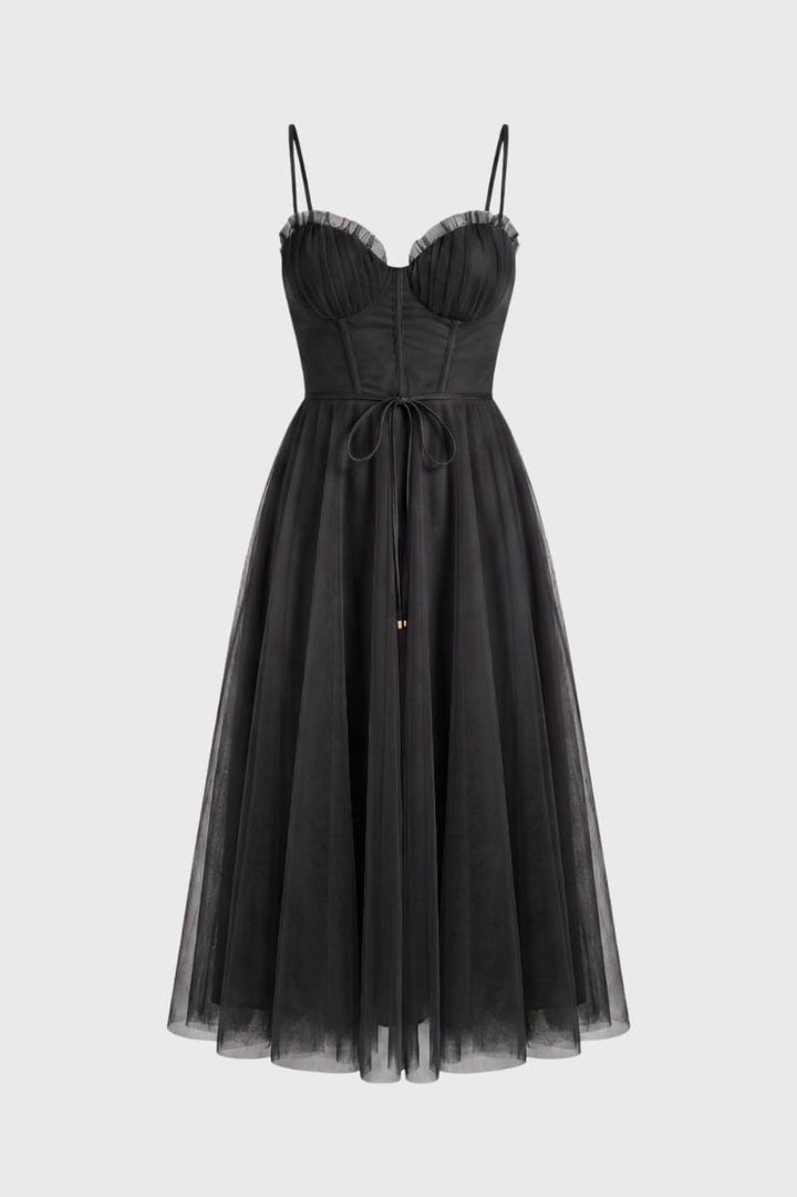 Midi Dress Women - Sweetheart Bustier Tie Waist | Elegant — Black