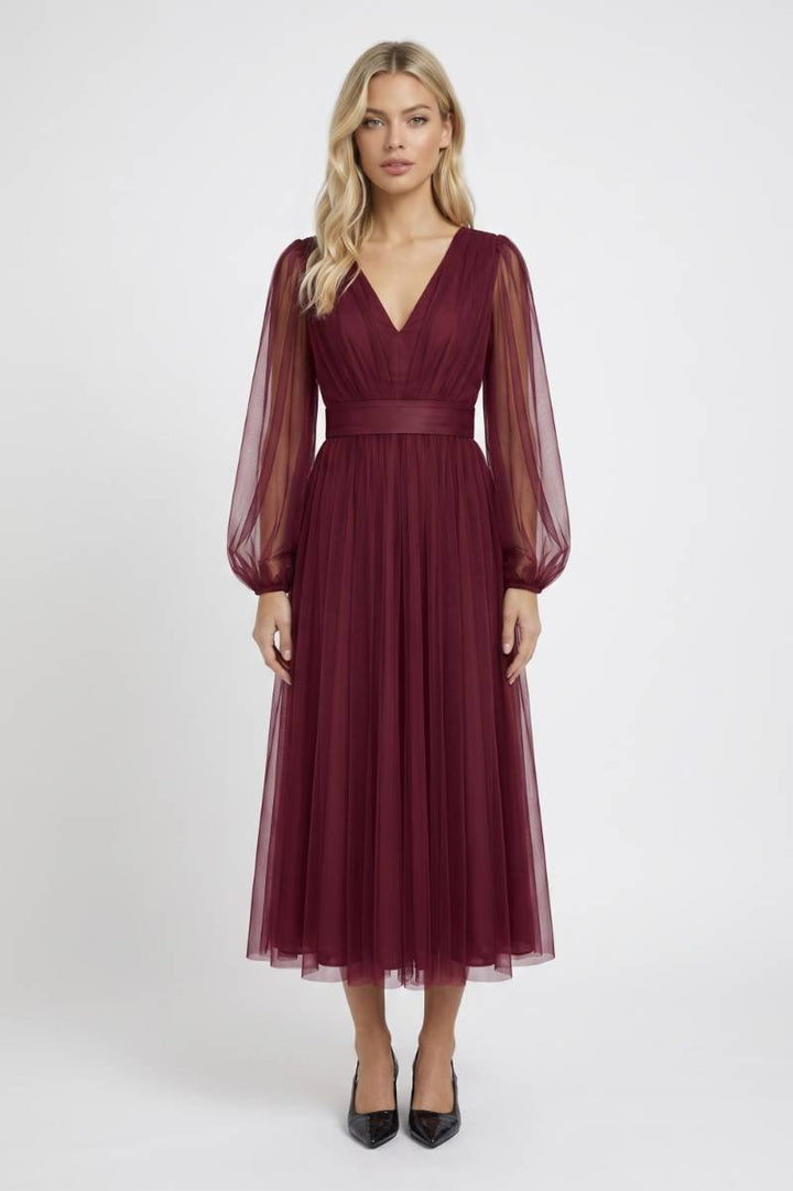Midi Dress Women - V Neck Long Sleeve | Elegant — Burgundy