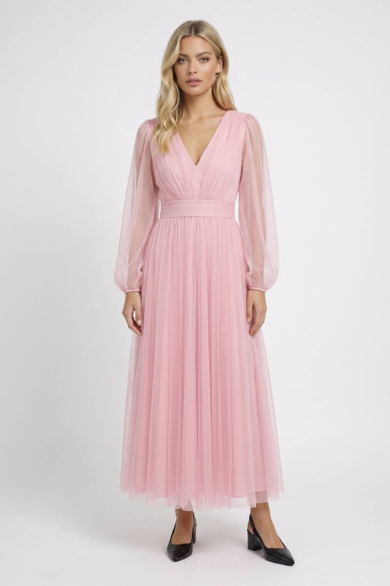 Midi Dress Women - V Neck Long Sleeve | Elegant — Light Pink