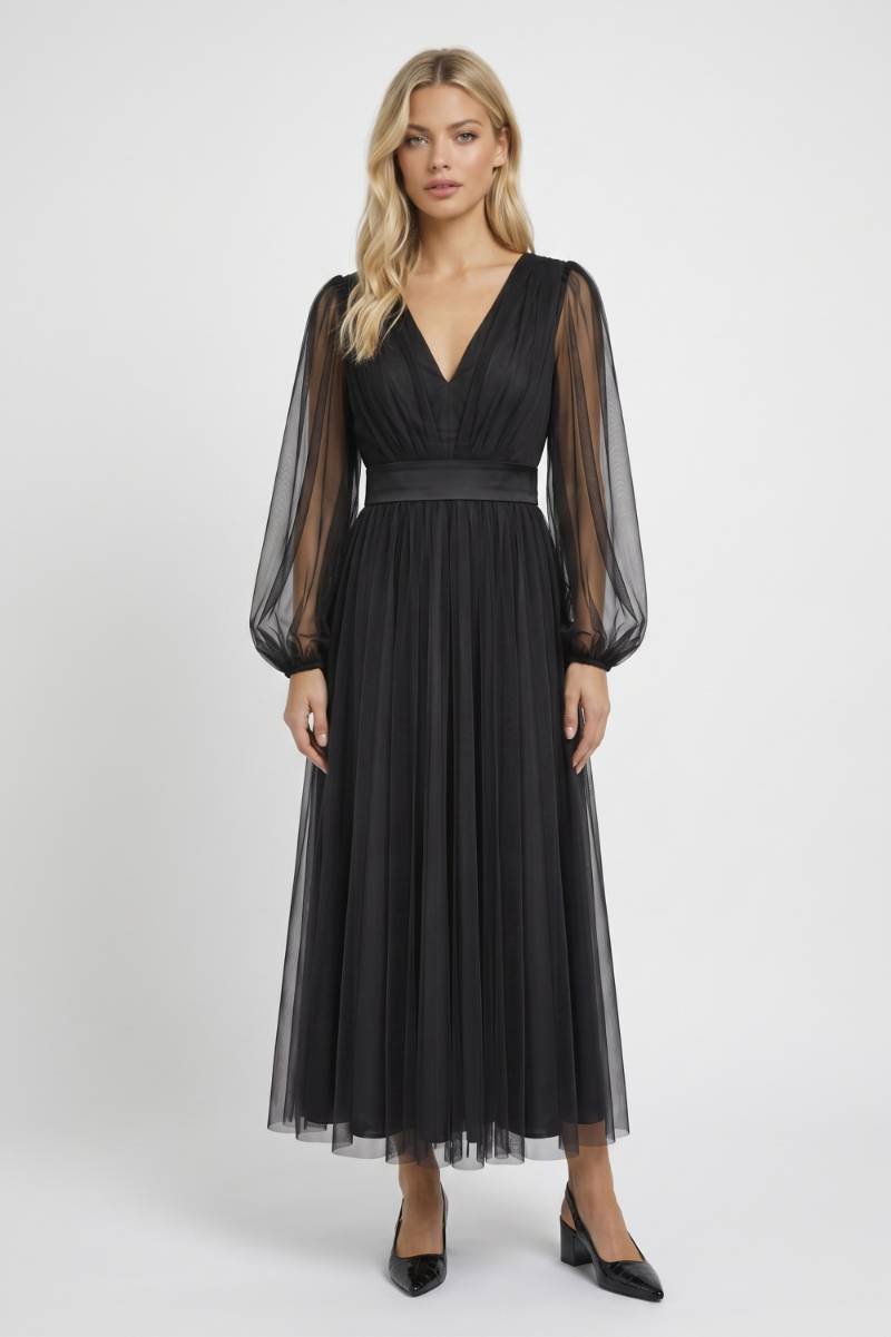 Midi Dress Women - V Neck Long Sleeve | Elegant — Black