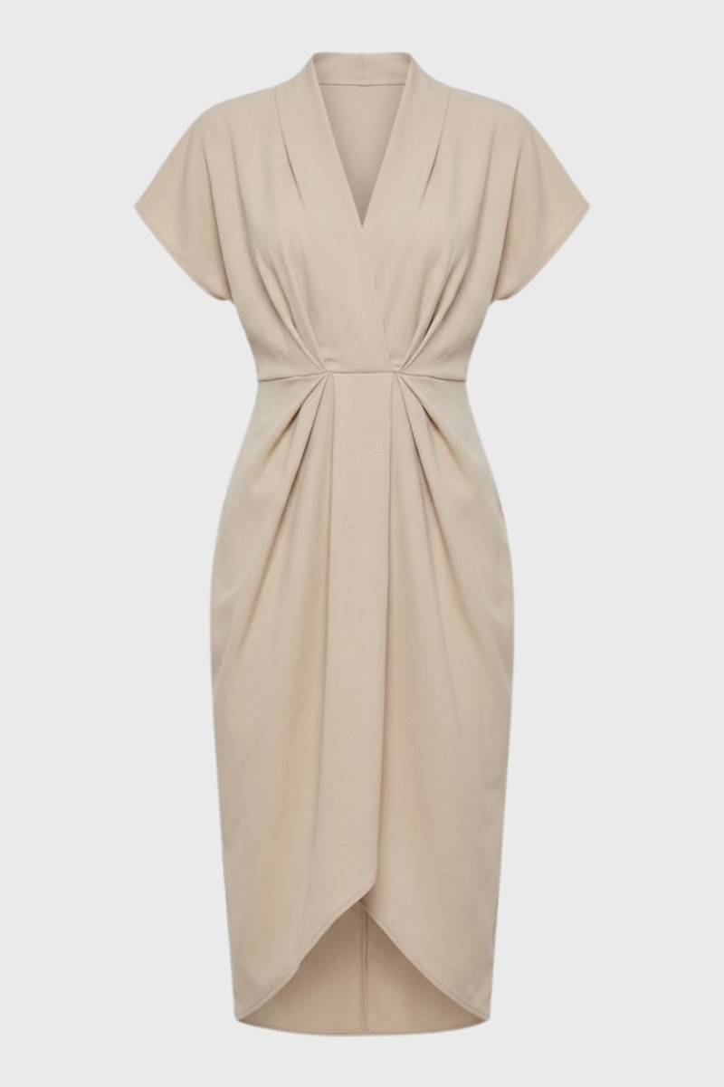 Midi Dress Women - V-Neck Twist Front | Elegant — Beige