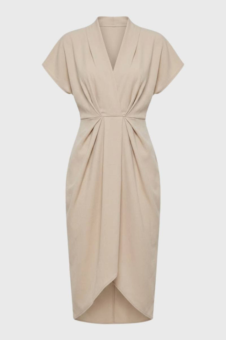Midi Dress Women - V-Neck Twist Front | Elegant — Beige