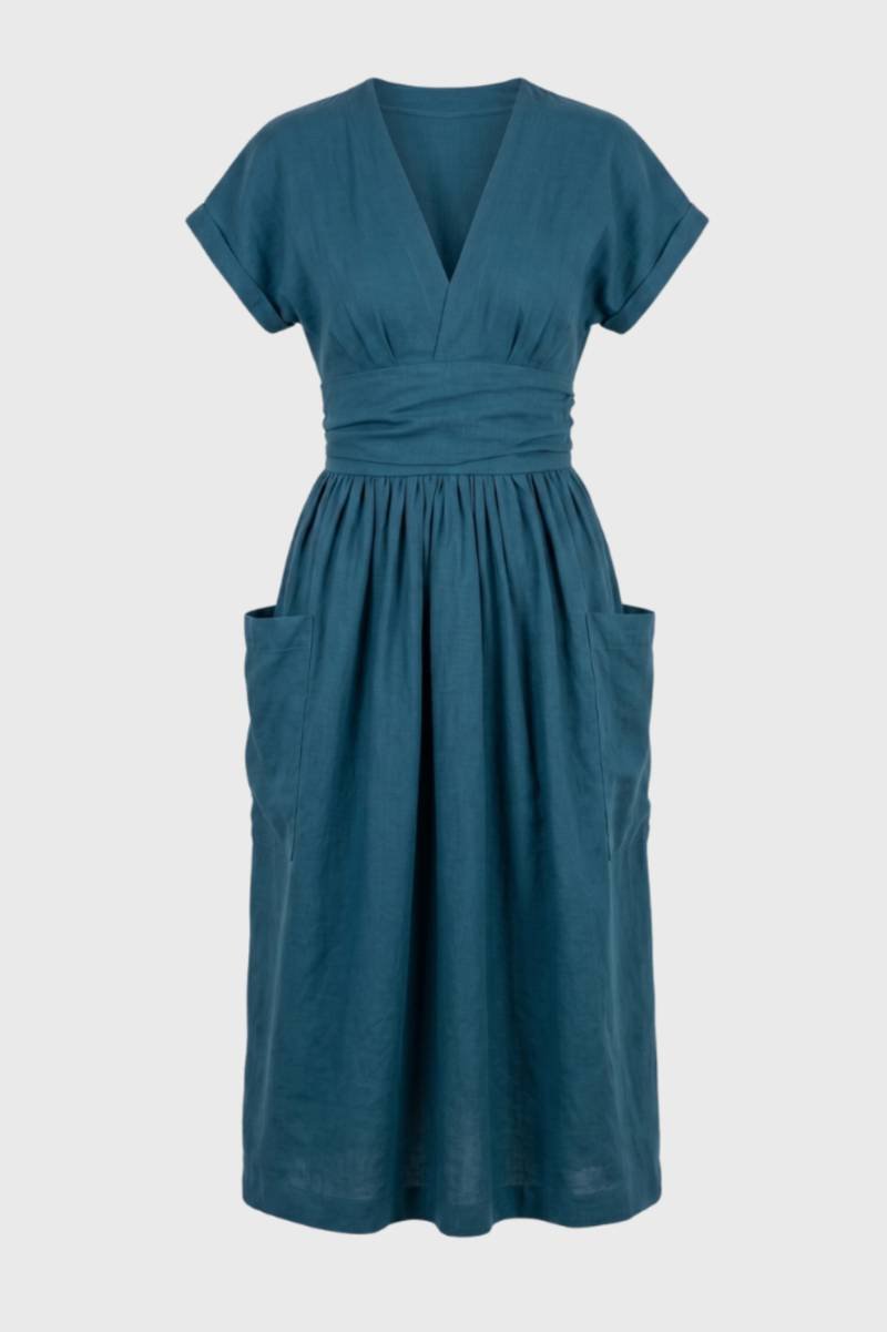 Midi Dress Women - V Neck Wrap Style with Side Pockets | Elegant — Turquoise