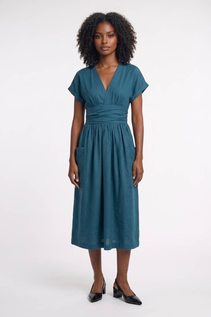 Midi Dress Women - V Neck Wrap Style with Side Pockets | Elegant — Turquoise