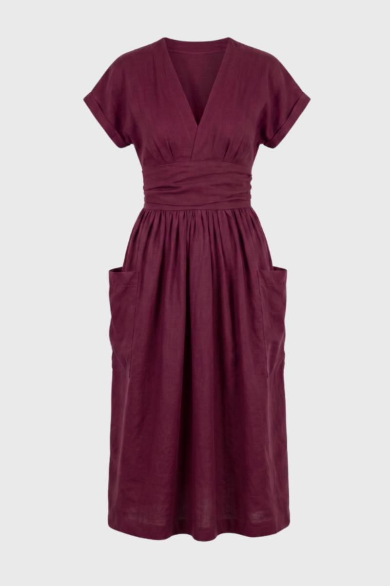 Midi Dress Women - V Neck Wrap Style with Side Pockets | Elegant — Wine