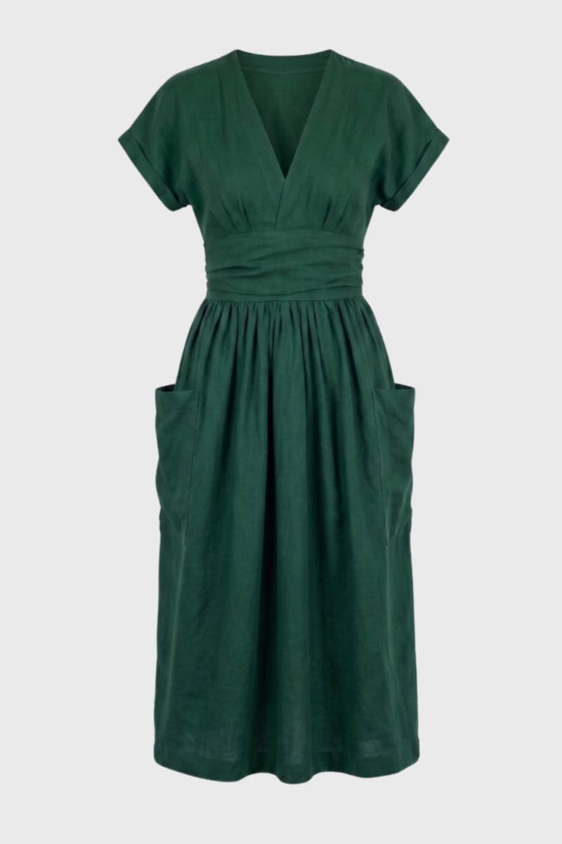 Midi Dress Women - V Neck Wrap Style with Side Pockets | Elegant — Dark Green