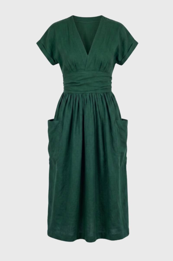 Midi Dress Women - V Neck Wrap Style with Side Pockets | Elegant — Dark Green