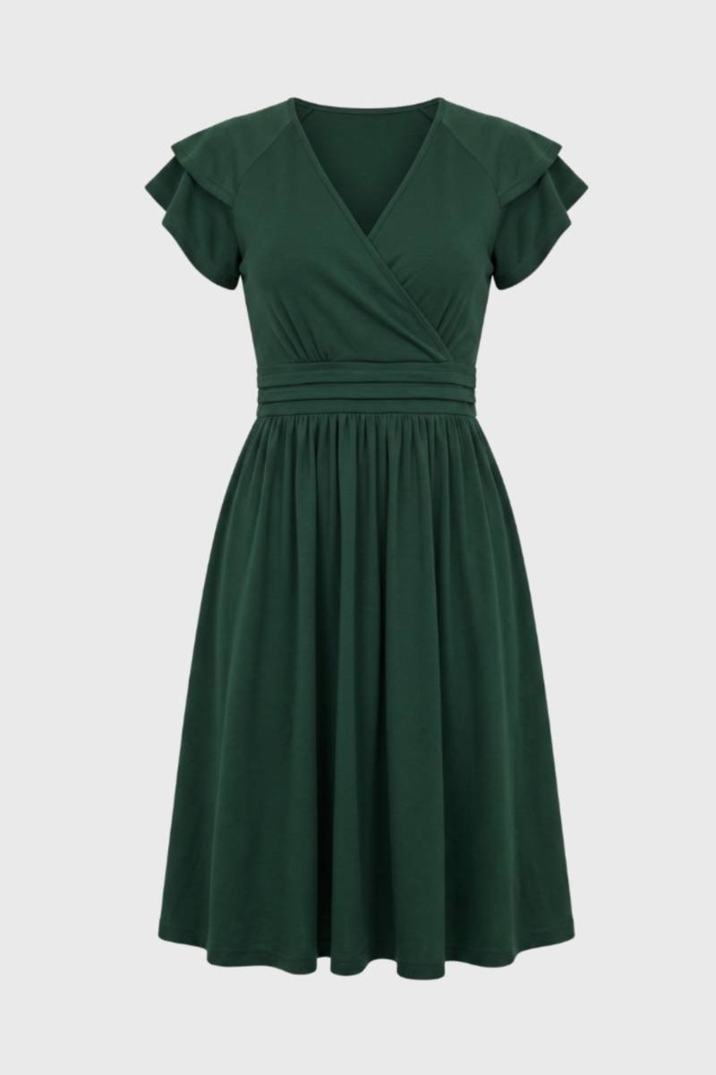 Midi Dress Women - Wrap Style Flutter Sleeves V-Neck | Elegant — Dark Green