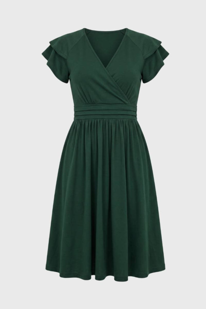 Midi Dress Women - Wrap Style Flutter Sleeves V-Neck | Elegant — Dark Green