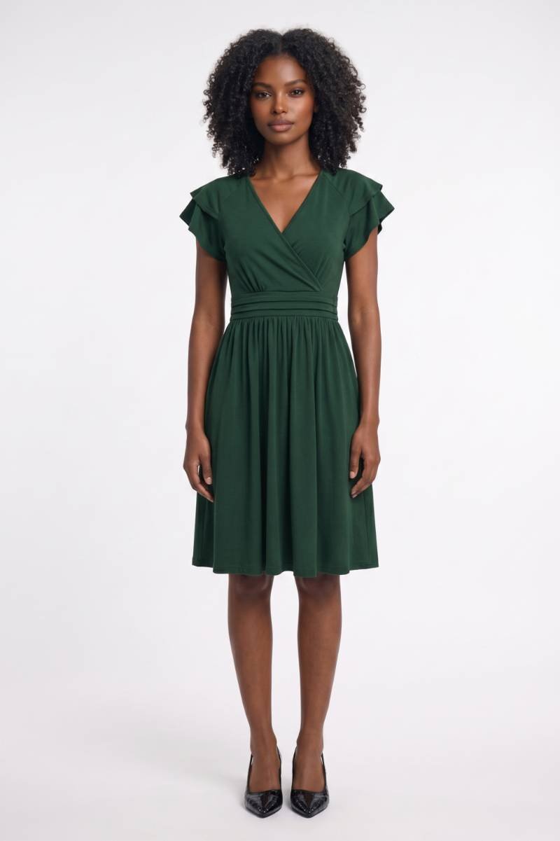 Midi Dress Women - Wrap Style Flutter Sleeves V-Neck | Elegant — Dark Green