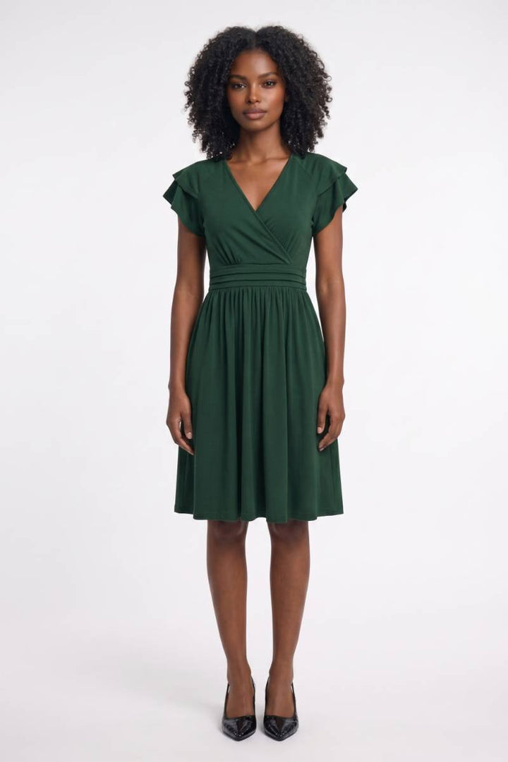 Midi Dress Women - Wrap Style Flutter Sleeves V-Neck | Elegant — Dark Green