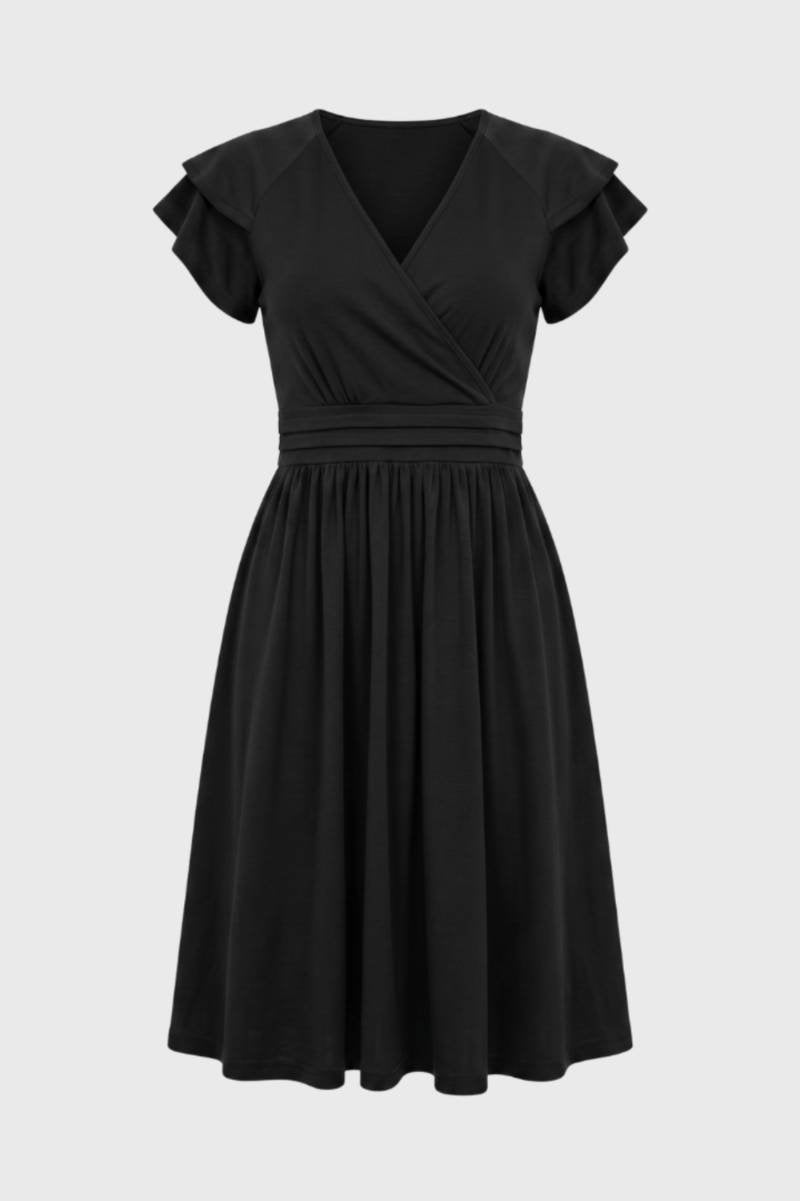 Midi Dress Women - Wrap Style Flutter Sleeves V-Neck | Elegant — Black