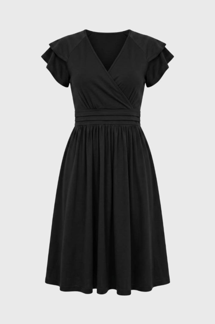 Midi Dress Women - Wrap Style Flutter Sleeves V-Neck | Elegant — Black