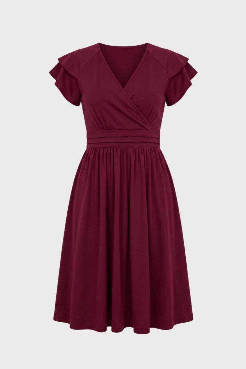 Midi Dress Women - Wrap Style Flutter Sleeves V-Neck | Elegant — Wine