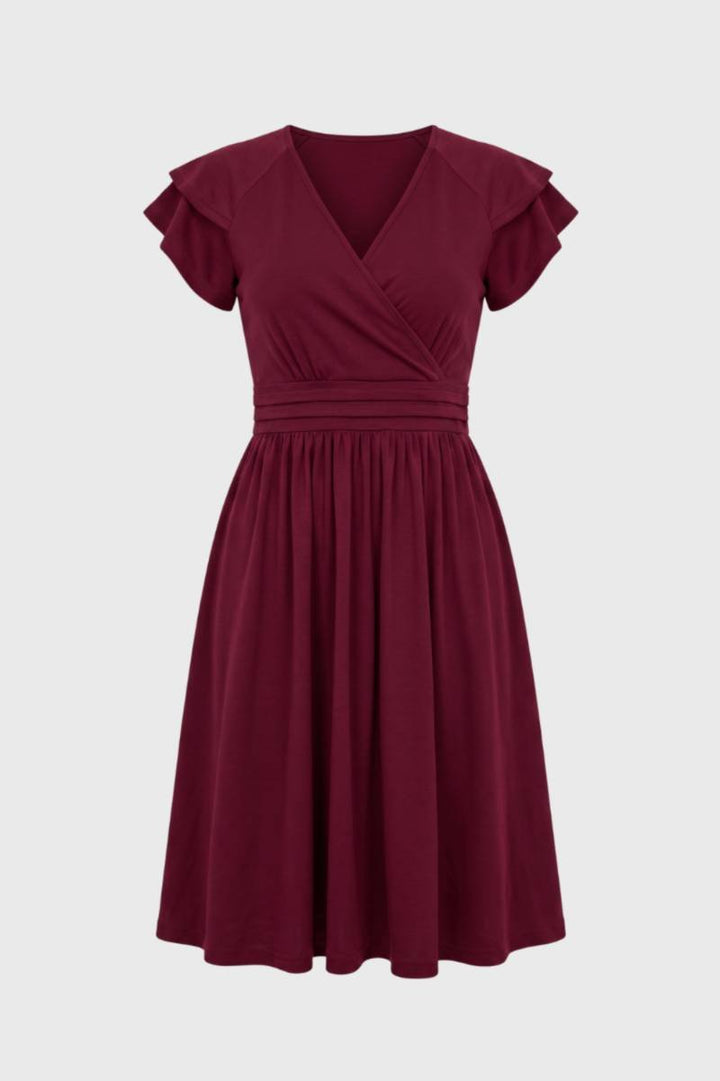 Midi Dress Women - Wrap Style Flutter Sleeves V-Neck | Elegant — Wine