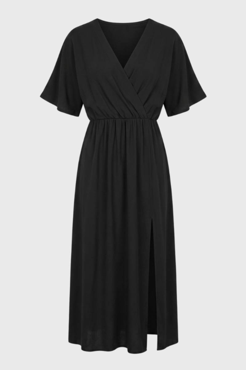 Midi Dress Women - Wrap Style Short Sleeve | Elegant Side Split — Black