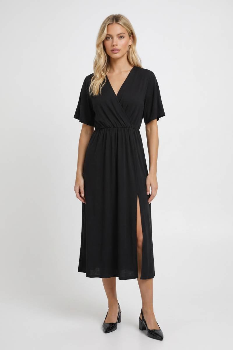 Midi Dress Women - Wrap Style Short Sleeve | Elegant Side Split — Black