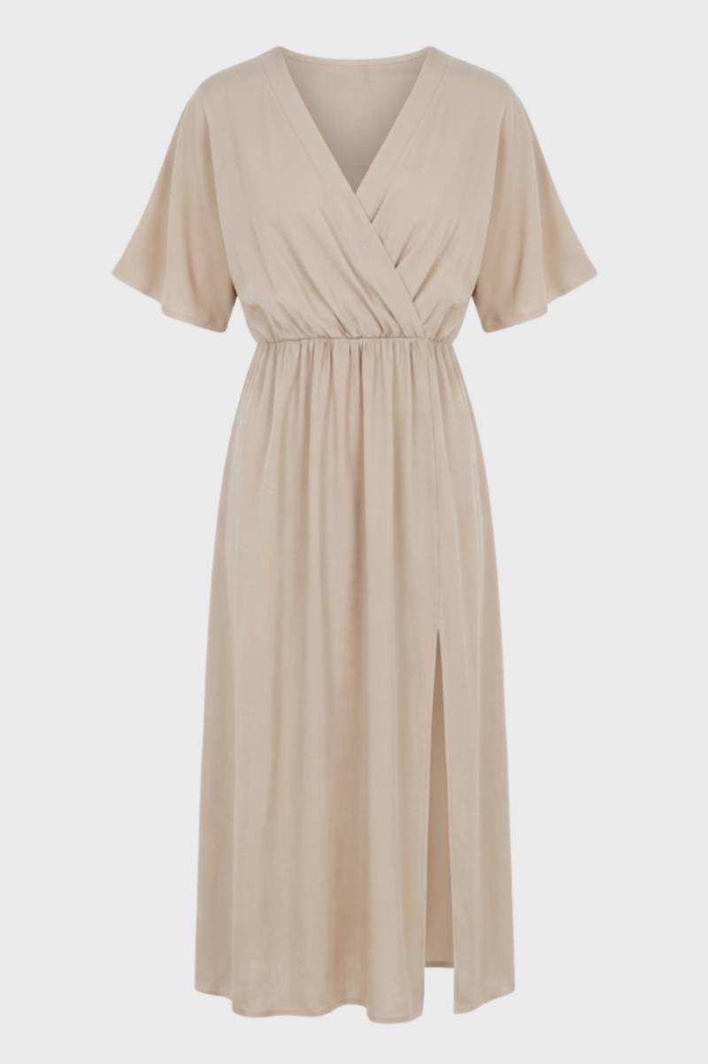 Midi Dress Women - Wrap Style Short Sleeve | Elegant Side Split — Beige