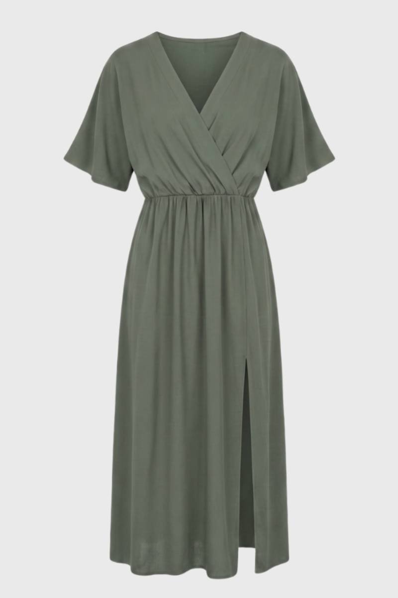 Midi Dress Women - Wrap Style Short Sleeve | Elegant Side Split — Olive