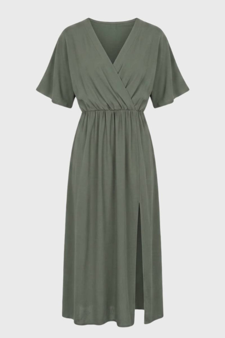 Midi Dress Women - Wrap Style Short Sleeve | Elegant Side Split — Olive