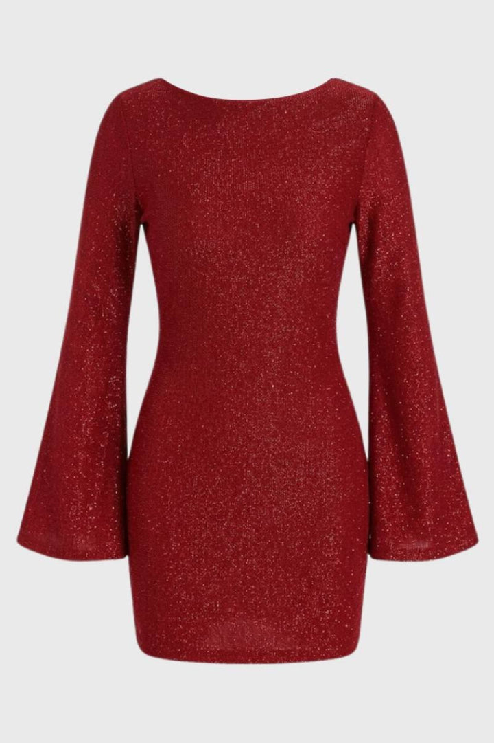 Mini Dress Women - Bell Sleeve Sparkle | Evening Party - Red