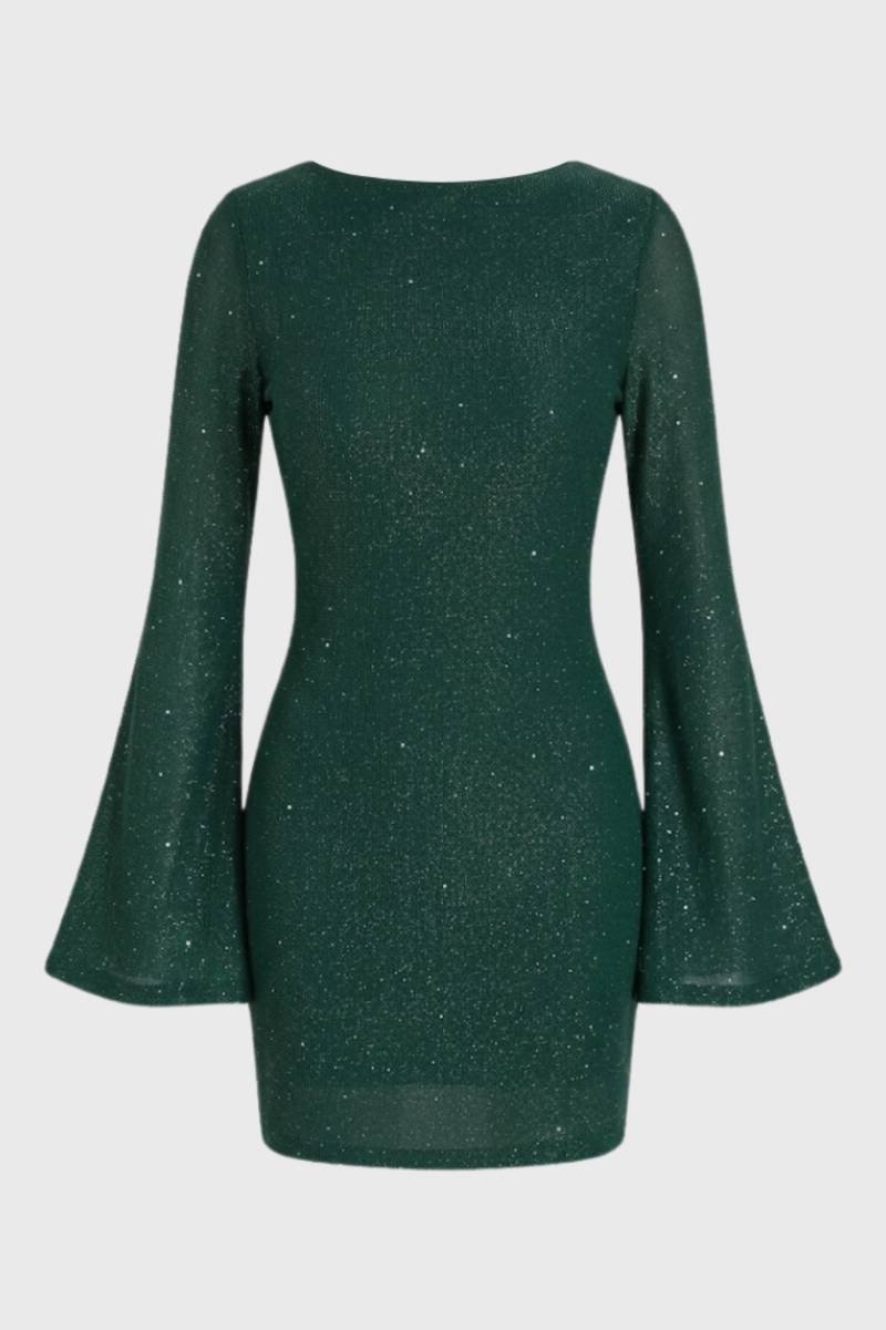 Mini Dress Women - Bell Sleeve Sparkle | Evening Party - Green