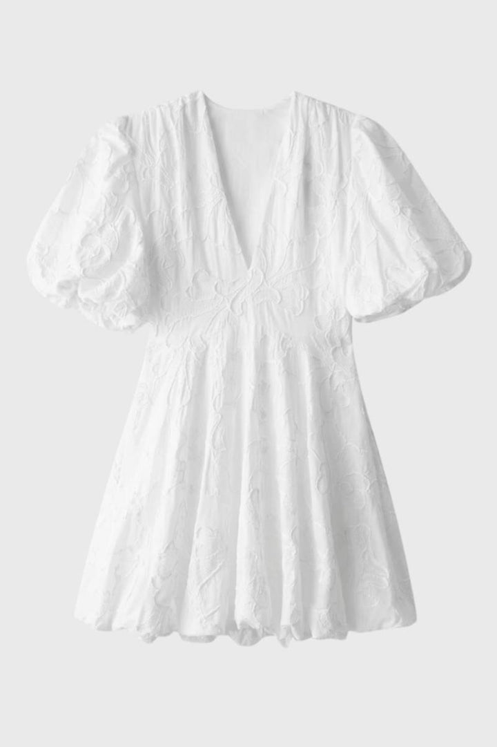 Mini Dress Women - Embroidered Puff Sleeve V-Neck | Romantic - White