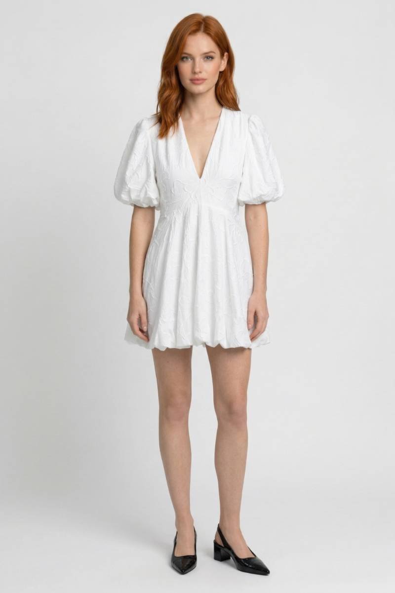 Mini Dress Women - Embroidered Puff Sleeve V-Neck | Romantic - White