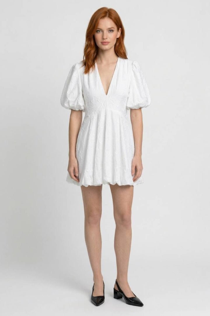 Mini Dress Women - Embroidered Puff Sleeve V-Neck | Romantic - White