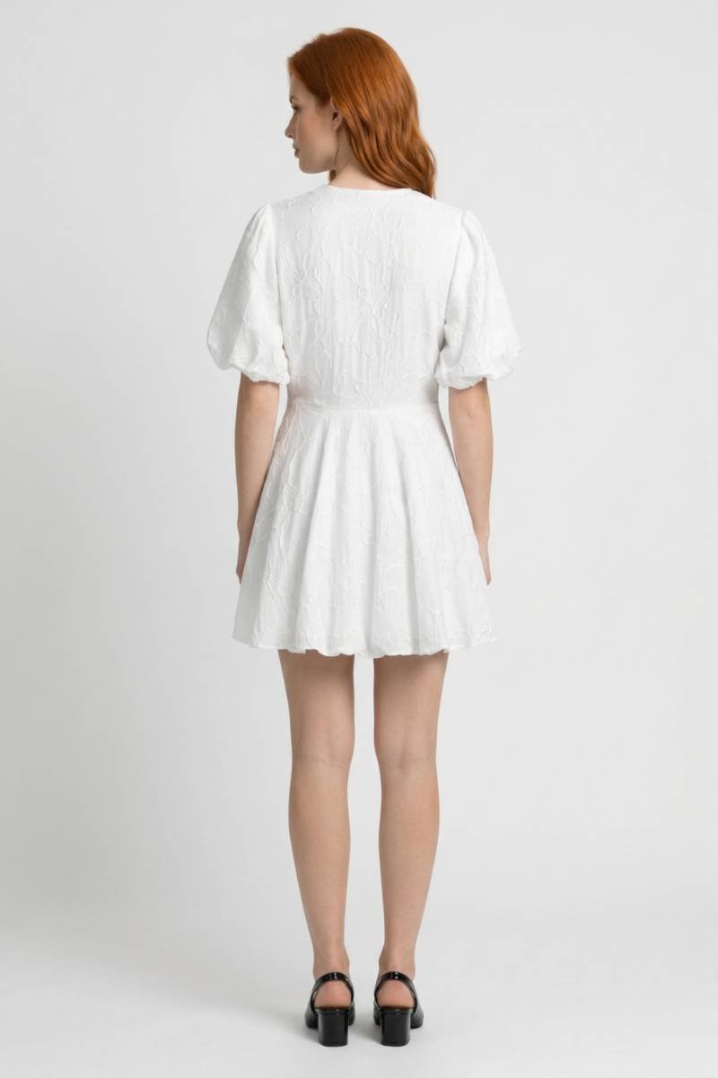 Mini Dress Women - Embroidered Puff Sleeve V-Neck | Romantic - White