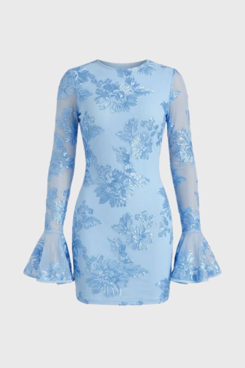 Mini Dress Women - Floral Embellished Bell Sleeve | Chique - Floral Light Blue