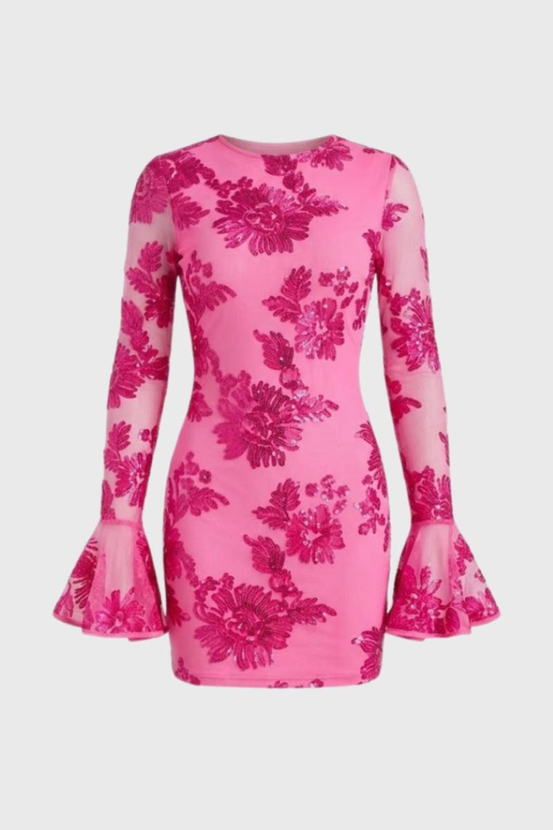 Mini Dress Women - Floral Embellished Bell Sleeve | Chique - Floral Hot Pink