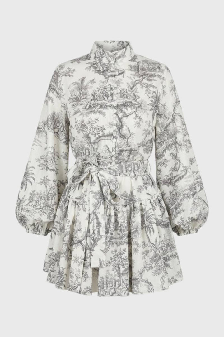 Mini Dress Women - Puff Sleeve High Neck with Belt | Toile Print — Grey Toile Print