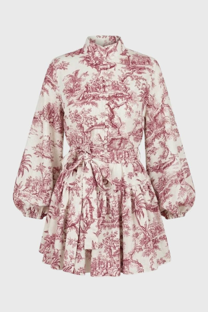 Mini Dress Women - Puff Sleeve High Neck with Belt | Toile Print — Pink Toile Print