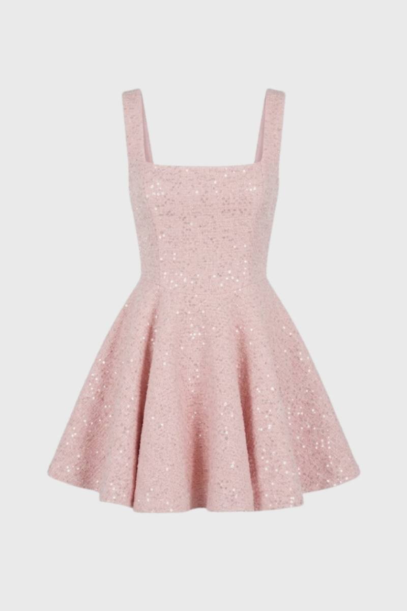 Mini Dress Women - Sequin Square Neck Sleeveless | Party Glam - Pink