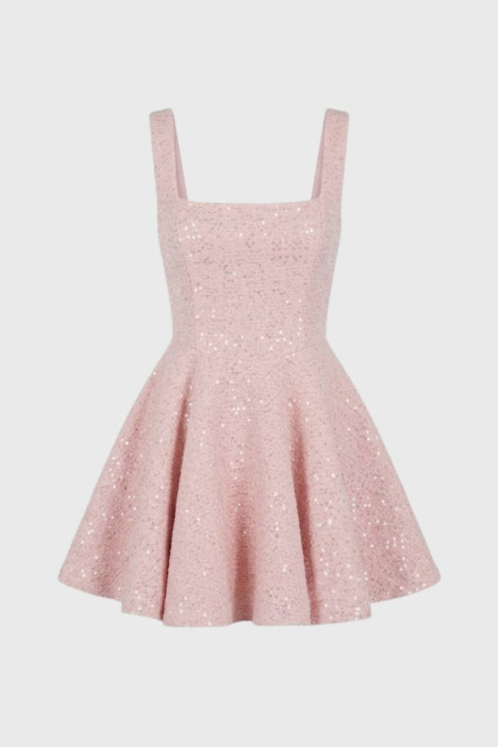 Mini Dress Women - Sequin Square Neck Sleeveless | Party Glam - Pink