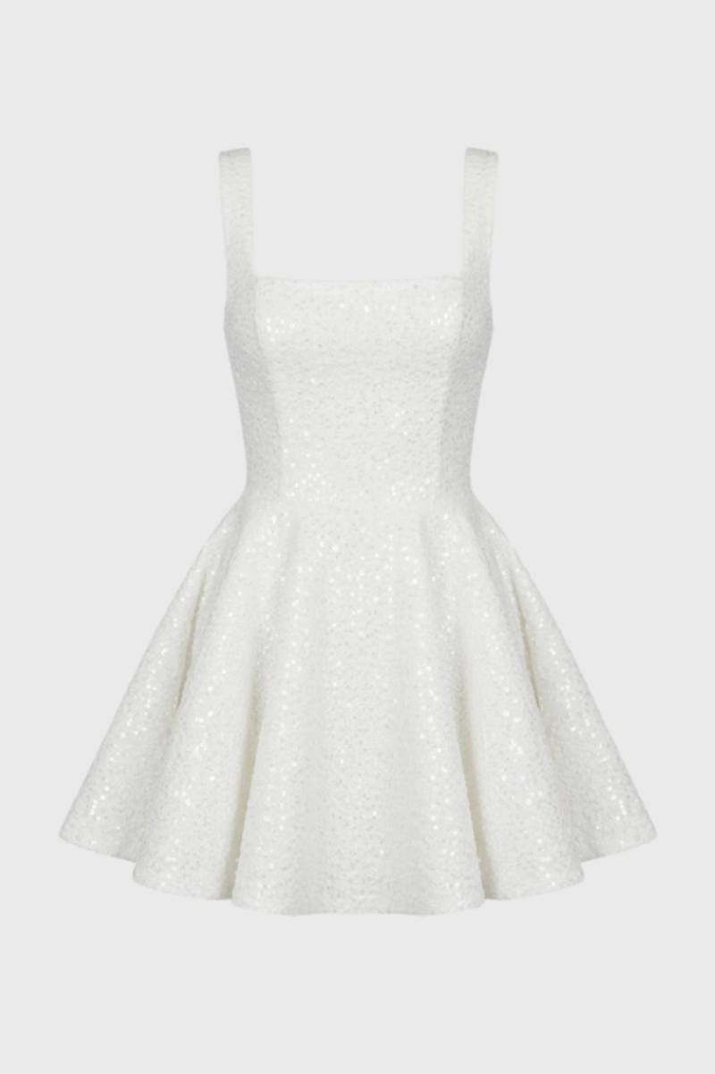 Mini Dress Women - Sequin Square Neck Sleeveless | Party Glam - White