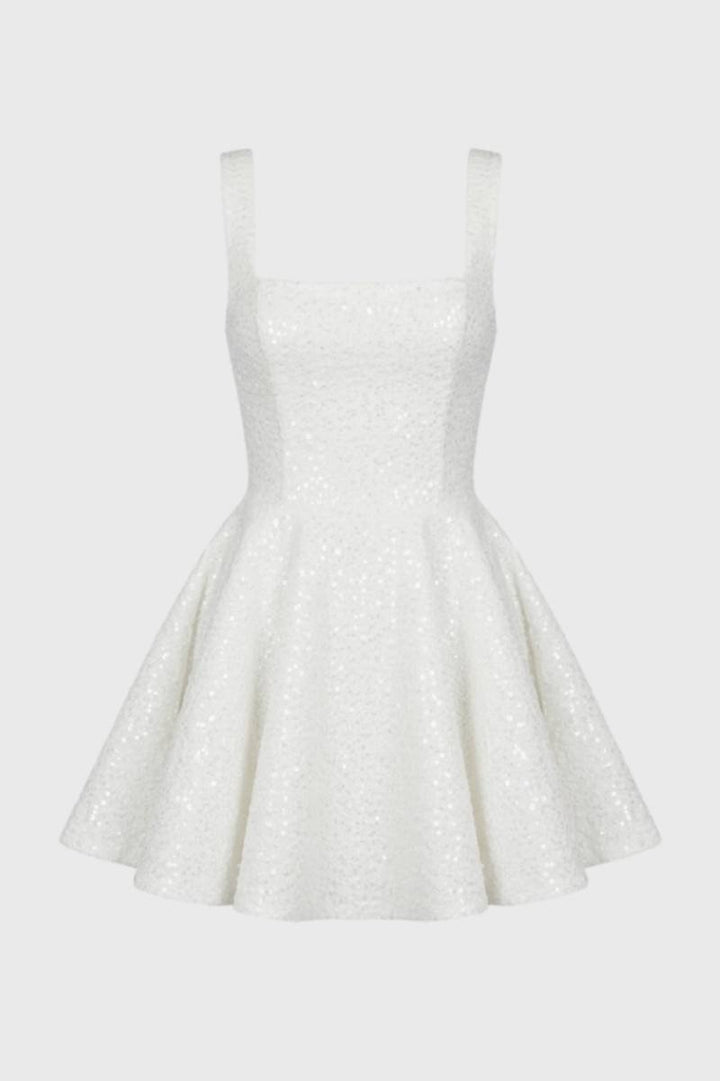 Mini Dress Women - Sequin Square Neck Sleeveless | Party Glam - White