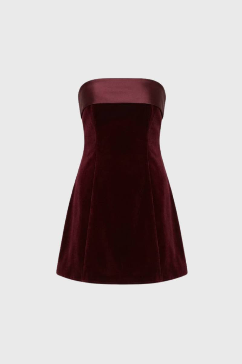Mini Dress Women - Strapless Bandeau with Mixed Texture | Chic - Burgundy