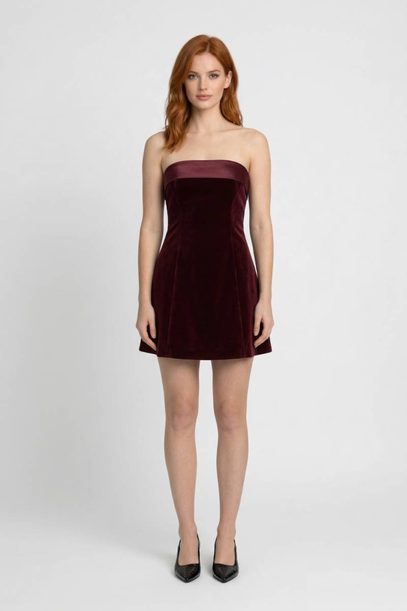 Mini Dress Women - Strapless Bandeau with Mixed Texture | Chic - Burgundy