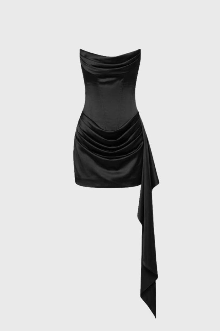 Mini Dress Women - Strapless Draped with Side Tie Detail | Chic - Black