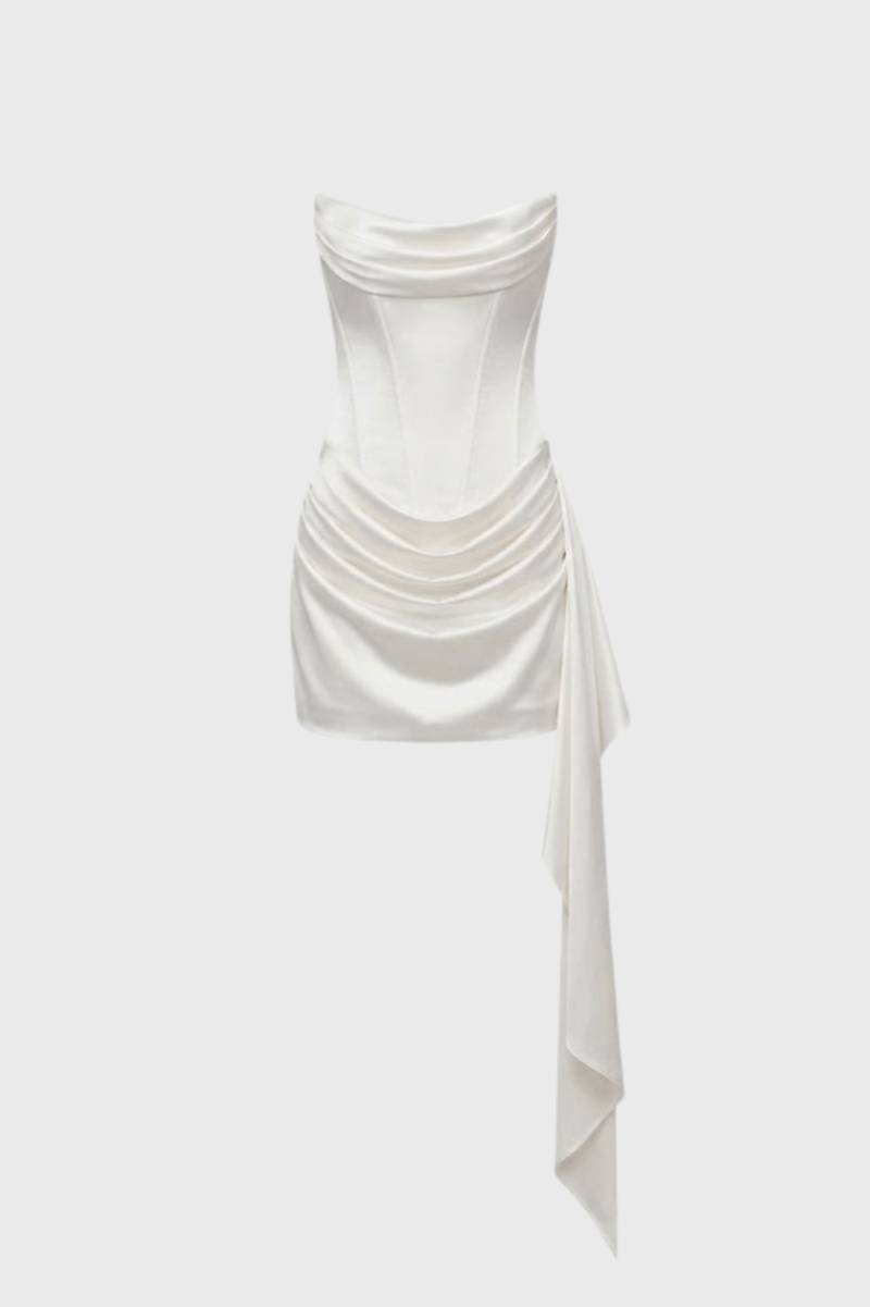 Mini Dress Women - Strapless Draped with Side Tie Detail | Chic - White