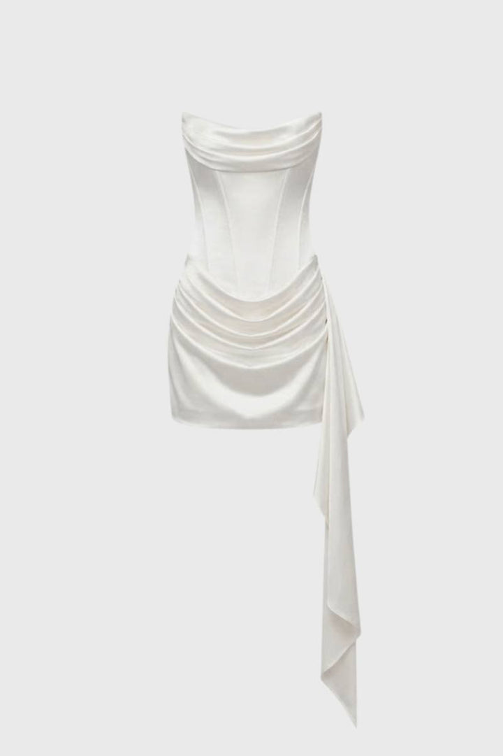 Mini Dress Women - Strapless Draped with Side Tie Detail | Chic - White